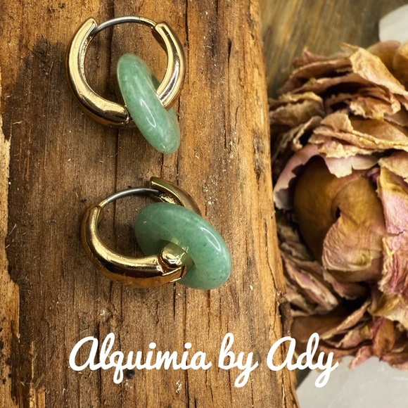 Aventurine gold mini hoops dangle drops earrings/prosperity and joy earrings - Picture 1 of 5